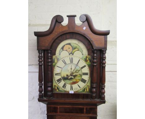 19th Century Welsh oak mahogany crossbanded longcase clock, the arched hood with swan neck pediment above a rectangular panel