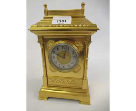 Good quality late 19th / early 20th Century gilt brass carriage type mantel clock, the architectural case with corner pilaste