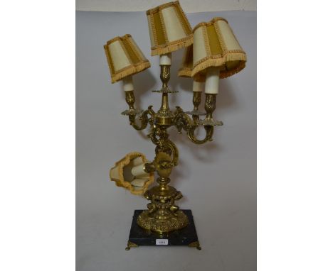 Mid 20th Century gilt brass five light table lamp, together with a similar three light table lamp and another three light tab