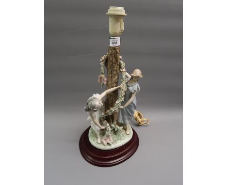 Lladro table lamp in the form of two girls beside a tree with a garland of flowers, 15ins high excluding the lamp fitting and