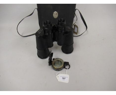 Black japanned brass military compass by Henry Browne & Son, together with a cased pair of binoculars 