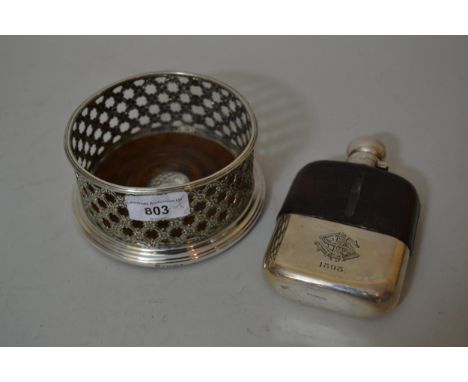 Elkington & Company, silver plated wine bottle coaster together with a silver plated and leather hip flask 