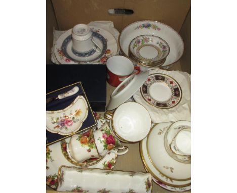 Box containing a quantity of various table ware, including Crown Derby, Royal Albert, Wedgewood, etc. 