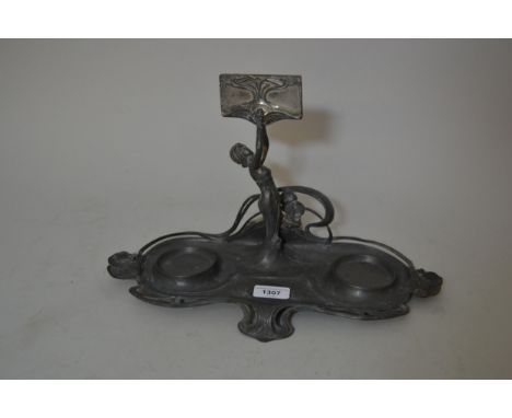 WMF pewter double inkwell pen stand, (at fault) 