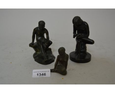 Small dark patinated bronze figure of a seated boy removing a thorn from his foot, 4.5ins high, another of Mercury, 4.25ins h
