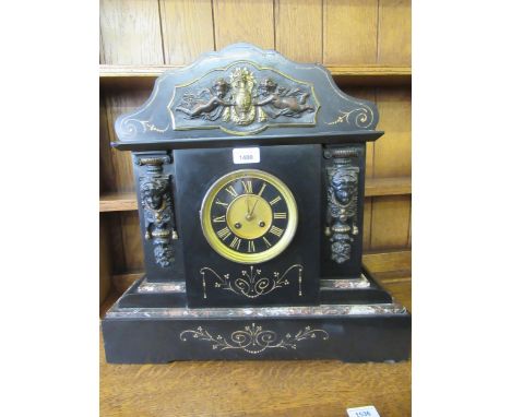Large 19th Century black slate gilt metal mounted mantel clock, the black enamel dial with gilded Roman numerals and a two tr