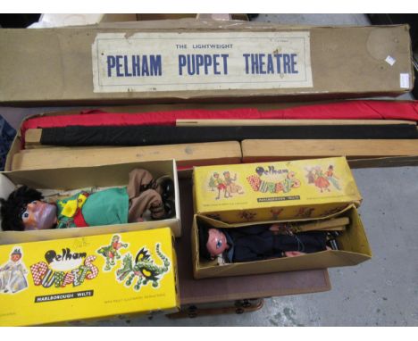 Large boxed Pelham puppet ' The Giant ' another standard puppet ballet dancer and a boxed Pelham puppet theatre 