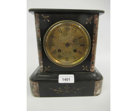 Late 19th Century black slate marble mounted mantel clock, the gilded dial with Roman numerals and a two train movement (minu