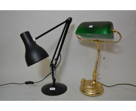 Modern Anglepoise lamp finished in matt black, together with a modern brass desk lamp with green shade 