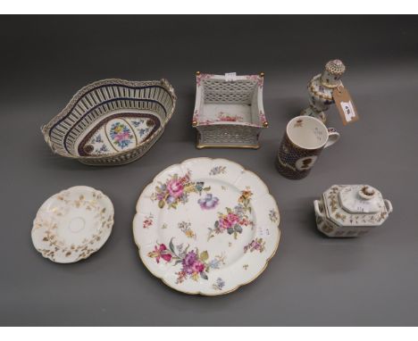 Continental porcelain sander / sugar caster, Continental porcelain plate decorated with flowers with a blue cross swords mark