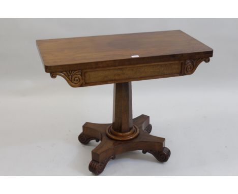 Victorian rectangular mahogany fold-over card table, raised on octagonal tapering support, platform base and scroll feet, 36i