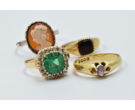 18ct Yellow gold gypsy style ring set amethyst, together with a 14ct gold green stone ring, 9ct gold small signet ring and a 