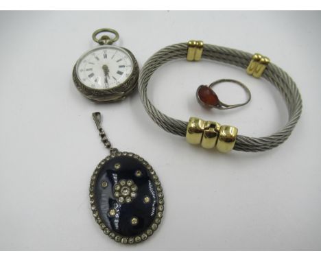 Silver cased Continental fob watch with enamel dial and Roman numerals, a silver ring mounted with amber, silver cased blue e