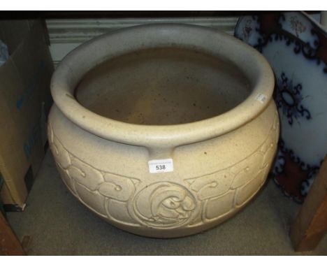 Leeds Fireclay Co. (LEFCO) Large glazed garden planter with Celtic banded decoration, 15ins high x 21ins diameterFiring crack
