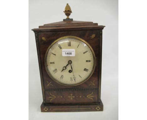 Regency mahogany and cut brass inlaid mantel timepiece, the circular painted dial with Roman numerals and single train fusee 