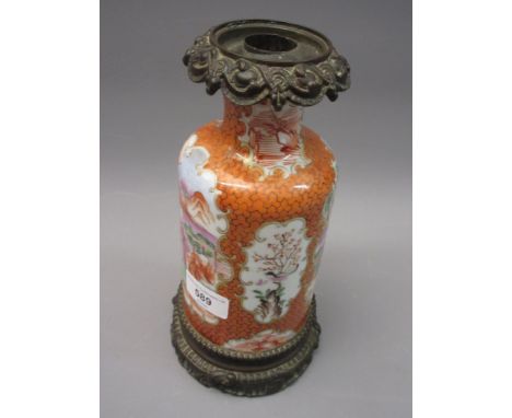 Chinese circular porcelain bottle vase decorated with panels of figures and flowers, with later bronze mounts (damage to the 