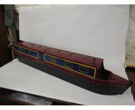 Large scratch built scale model of a narrow boat in burgundy, black and blue livery, 4ft long 