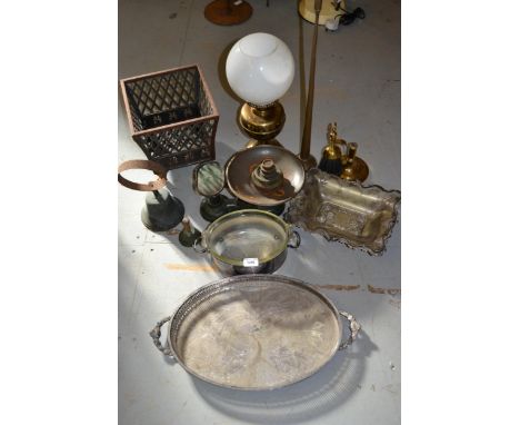 Box containing a quantity of various metalware including an oval two handled silver plated tray, a brass oil lamp, kitchen sc