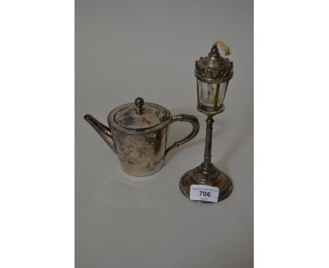 Plated table lighter in the form of a street lamp (replaced glass well), 7.5ins high together with a small plated teapot 