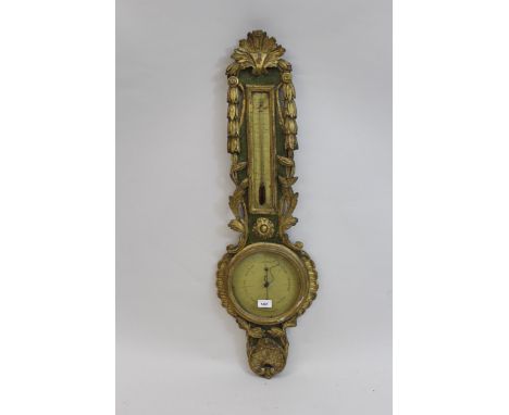 18th / 19th Century French carved giltwood and painted mercury barometer, the painted wooden dial signed Charles Pedralio, 40