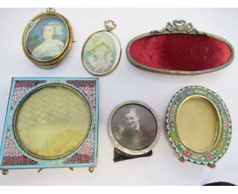 Two portrait miniatures in gilt metal locket mounts, two Italian micro mosaic miniature picture frames and two other miniatur