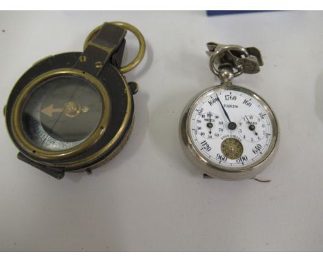 World War I brass cased pocket compass, marked Verner's Pattern VIII, together with a Continental nickel plate pedometer (at 