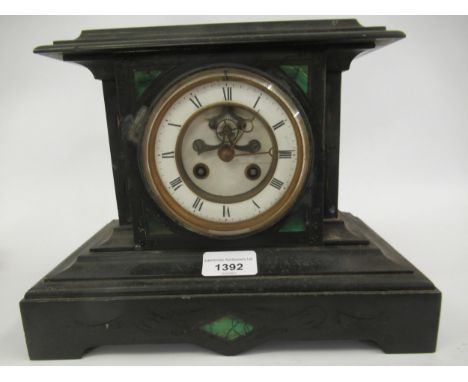 19th Century French black slate and malachite two train mantel clock with visible escapement 