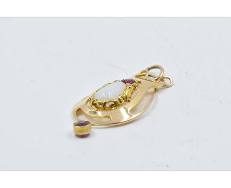Art Nouveau 15ct gold pendant set opal, two garnets and two small diamond chips, 4.5g 