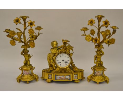19th Century French gilt bronze and porcelain mounted three piece clock garniture, with circular enamel dial, inscribed ' Rol