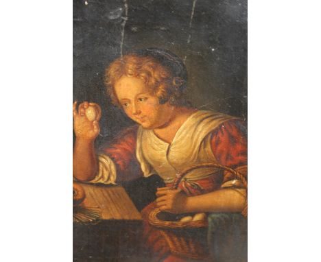 19th Century Dutch school oil on canvas, study of a seated figure with a basket of eggs beside an oil lamp, 8.25ins x 7ins, u