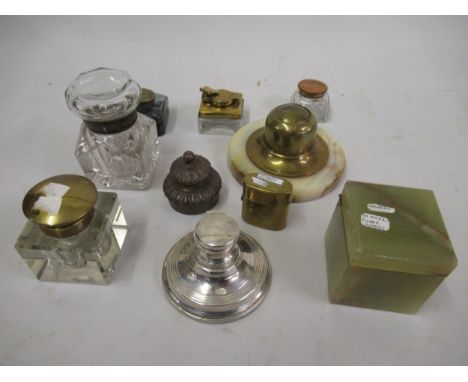 Silver capstan inkwell together with nine other various inkwells 