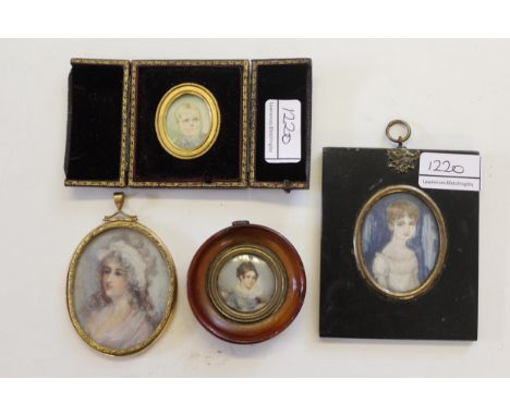 Watercolour portrait miniature of Lady Montall after Cosway, in a gilt metal mount, 70mm x 60mm together with a circular moun