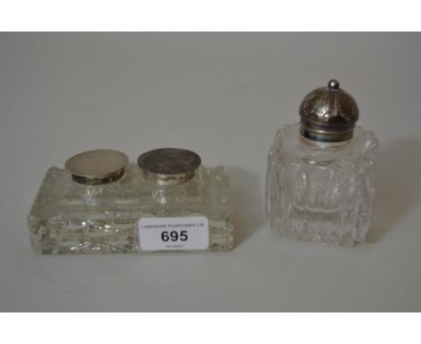 Birmingham silver mounted cut glass double inkwell (at fault) and a similar single inkwell 