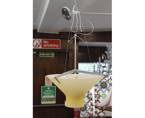 Italian Lumina aluminium and glass ceiling light fitting with rise and fall function, 25ins x 21ins approximately 