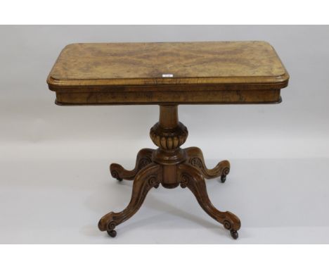 19th Century burr walnut rectangular card table having fold-over top with green baize lined interior on a central baluster tu