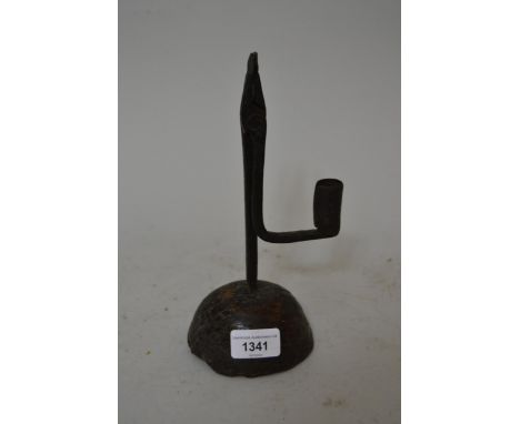 Antique iron rush light holder mounted on a wooden baseThis item appears to be antique (probably 18th Century). The base is c