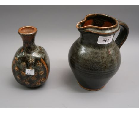 Muchelney Pottery (John Leach) stoneware jug with mottled green glaze, 7.5ins high together with a similar octagonal vase, 5.