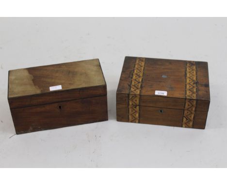 19th Century rectangular mahogany tea caddy together with a parquetry inlaid work box 