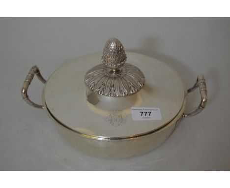 Continental silver circular two handled tureen and cover with pineapple finial, 9.5ins wide overall, 36ozs 