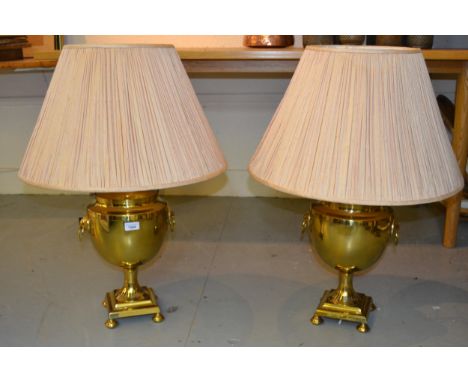 Pair of 20th Century brass two handled urn shaped lamp bases, 20ins high each 