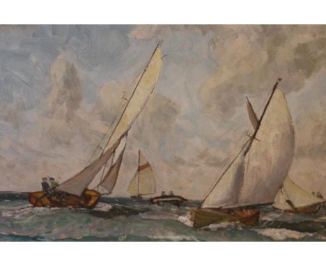 David R MacGregor signed oil on board, maritime scene, inscribed on label verso ' A Fresh Breeze Blakeney Harbour ', 15.5ins 