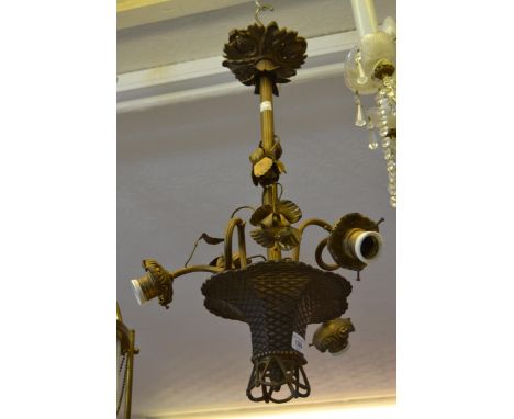 French gilt metal three branch hanging ceiling light of stylised floral design (at fault) 25ins high 