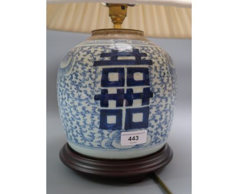 19th Century Chinese blue and white ginger jar adapted for use as a table lamp, 7ins highNo damage or restoration noted.Base 