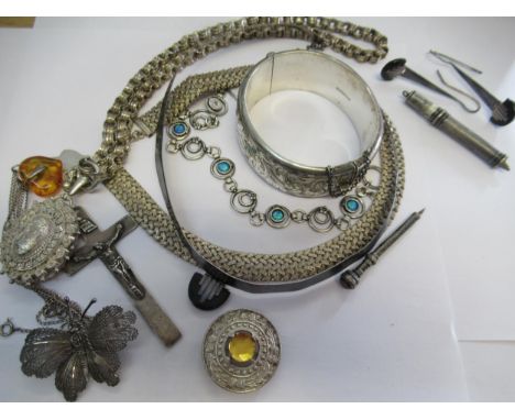 Victorian silver engraved bangle, Victorian silver locket on large chain link necklace, silver propelling pencil and propelli