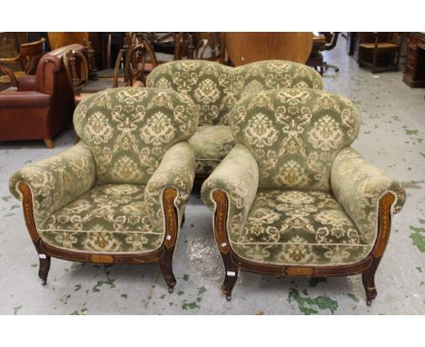 Edwardian marquetry inlaid three piece sitting room suite covered in green figured fabric and raised on shaped front supports