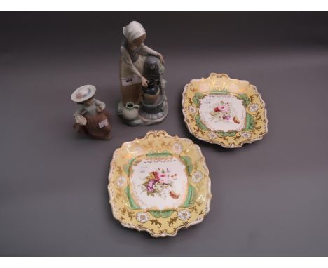 Two Nao figures and a pair of 19th Century English dessert dishes 