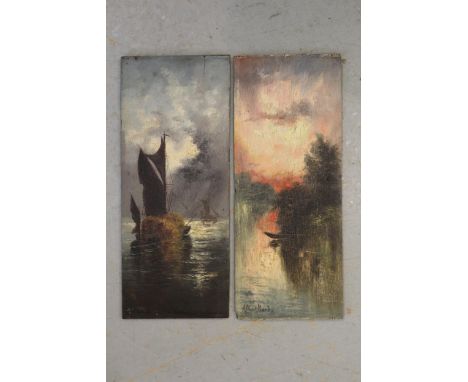 Albert Hardy R. I., pair of unframed oils on panel, straw barge by moonlight, and lake scene at sunset, both signed, 10ins x 