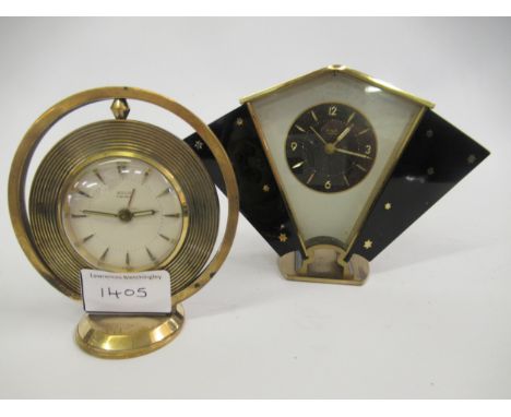 Small 1950's Gilt and black brass mantel clock, together with a similar circular gilt brass mantel clock by Solo 