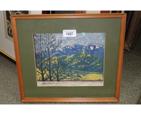 Woodcut engraving in colours, mountain landscape, indistinctly signed and inscribed, 7ins x 8ins 