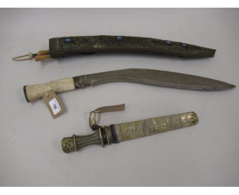 Indian bone handled kukri with a jewelled scabbard, together with a similar side arm 